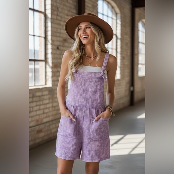 Zenana Outfitters Pants - NWT Textured Gauze Washed Lavender Knot Strap Jumper Overalls Shortalls Romper